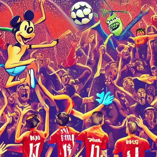 Prompt: champions league final in a soccer field in hell, monsters in the crowd, disney style, colorful, fantasy, cinematic, 4 k