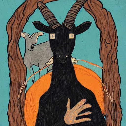 Image similar to a witch as a goat, mixed media