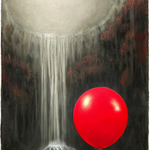 Image similar to grunge painting of a waterfall with a red balloon by chris leib, creepy lighting, horror theme, detailed, elegant, intricate, conceptual, volumetric light