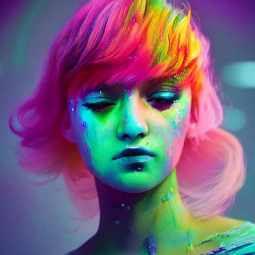 Prompt: dramatic lighting photo of a beautiful young woman wearing rainbow a latext suit with cotton candy hair. paint splashes. detailed, moody and melancholy. with a little bit of rainbow colors. digital art by beeple