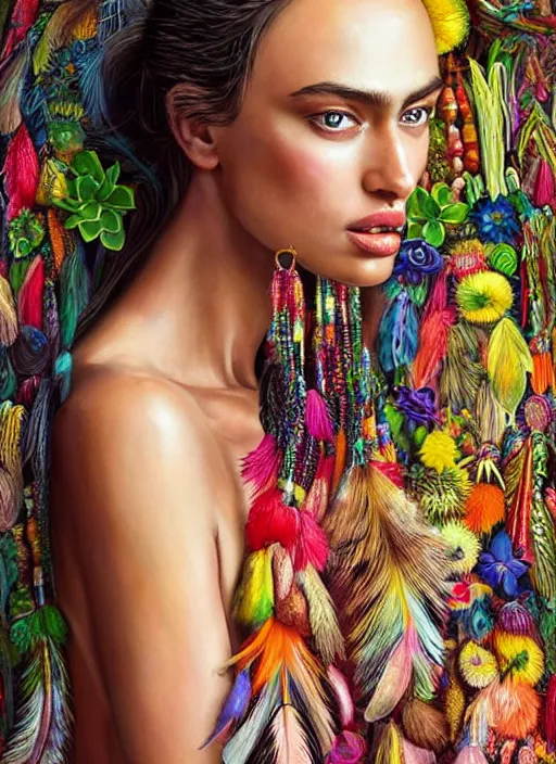 Prompt: beautiful portrait of Irina Shayk wearing dramatic Hand-dyed cotton dress,embellished beaded feather decorative fringe knots ,colorful pigtail,subtropical flowers and plants,symmetrical face,intricate,elegant,highly detailed,8k,digital painting,trending on pinterest,harper's bazaar,concept art, sharp focus, illustration,golden ratio,by artgerm,Tom Bagshaw,Lawrence Alma-Tadema,greg rutkowski