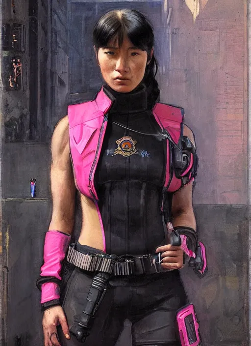 Image similar to Nikki tanaka. beautiful cyberpunk female USN marine wearing a military vest and a black and pink tactical catsuit (cyberpunk 2077, bladerunner 2049). gorgeous face. Iranian orientalist portrait by john william waterhouse and Edwin Longsden Long and Theodore Ralli and Nasreddine Dinet, oil on canvas. Cinematic, hyper realism, realistic proportions, dramatic lighting, high detail 4k