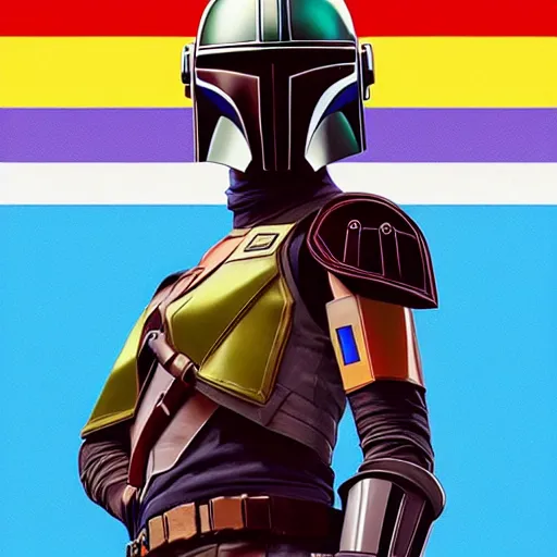 Image similar to the mandalorian wearing a pride flag cape by ilya kuvshinov katsuhiro otomo