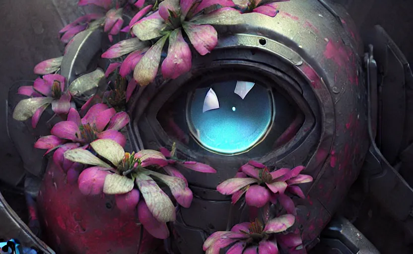 Image similar to close up of a beautiful flower with robot eyes in the middle by Greg rutkowski