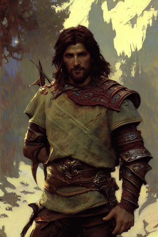 Prompt: attractive man, skyrim, cool colors, painting by gaston bussiere, craig mullins, greg rutkowski, alphonse mucha