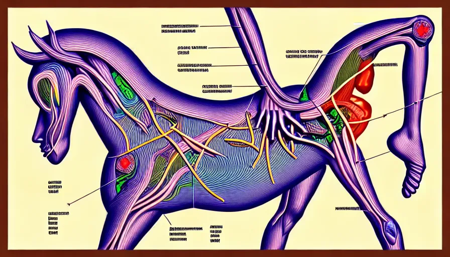 Image similar to psychedelic anatomically accurate labeled medical diagram of centaur, intricate parts, fine details, hyper realistic, elegant minimalism, by seichen, surreal