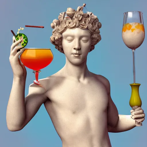Prompt: a 3 d model of a white marble human head in a renaissance style holding a coctail, colorful coctail, digital illustration, 3 d render, above the waist