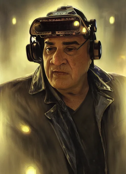 Image similar to ultra realistic medium shot of danny de vito how a cyborg cyberpunk, sci - fi, kodak, faces, colour led, soft light, volumetric lighting, fog, rays, night, intricate detailed, digital painting, concept art, smooth, sharp focus, illustration, art by artgerm and greg rutkowski and alphonse mucha