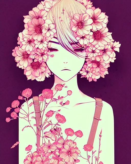 Prompt: girl next to floral bomb, detailed manga illustration!! intricate details, beautiful perfect face, perfect body, aesthetically pleasing pastel colors, poster background, aesthetic details, art by conrad roset and ilya kuvshinov