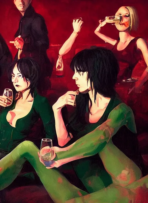 Prompt: glam rockers drinking brutal and raw wine, inside a green room with red lights, renaissance painting, loish, makoto shinkai, phil hale, extremely detailed