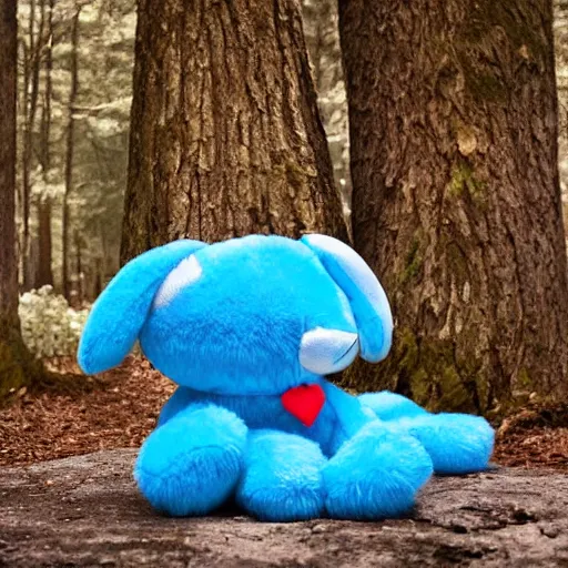 Image similar to blue'snappy gifts plush toy'in magical forest, gifts, dark atmosphere, high detail, soft lighting, 8 k