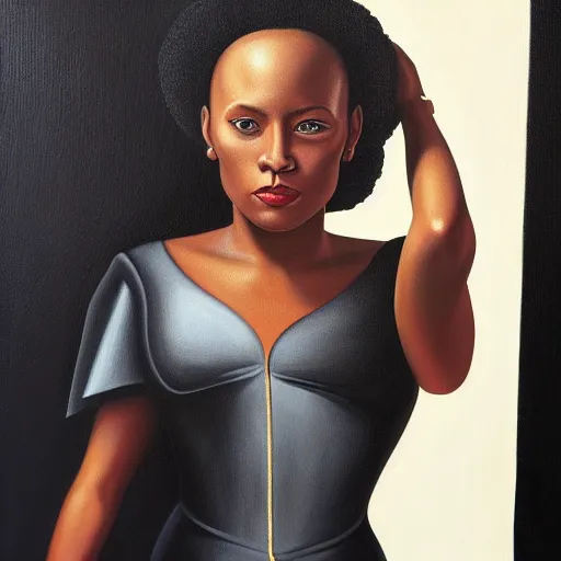 Image similar to a painting of a woman wearing a black dress, a portrait by kadir nelson, trending on cgsociety, afrofuturism, hyper realism, detailed painting, rococo