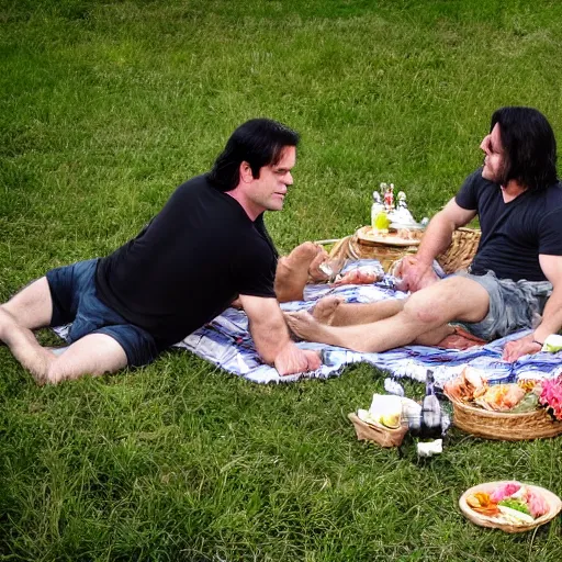 Prompt: glenn danzig and henry rolling enjoying romantic picnic, beautiful day, high resolution,