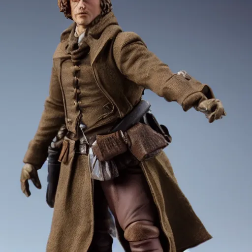 Prompt: photograph of a Jamie Fraser figure Made of clay 50 mm photo studio dramatic lighting