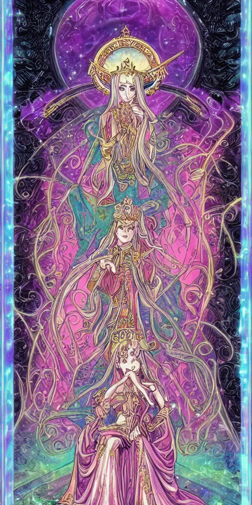 Image similar to a mystical woman priestess sitting on a throne, the divine feminine, drawn by studio UFOTABLE, psychedelic, fine line work, pastel colors, Tarot cards. The empress tarot card, detailed, anime