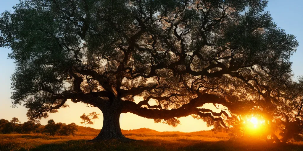 Image similar to gigantic oak tree. sunset landscape. hd. photorealistic. 8 k. octane render.