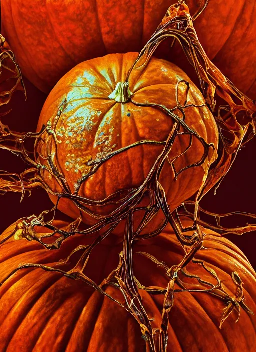 Image similar to portrait of a pumpkin with translucent skin, visible muscles and veins and arteries and bones and spines and nerves, beautiful detailed intricate insanely detailed octane render, 8 k artistic photography, photorealistic, chiaroscuro, by david cronenberg, raphael, caravaggio