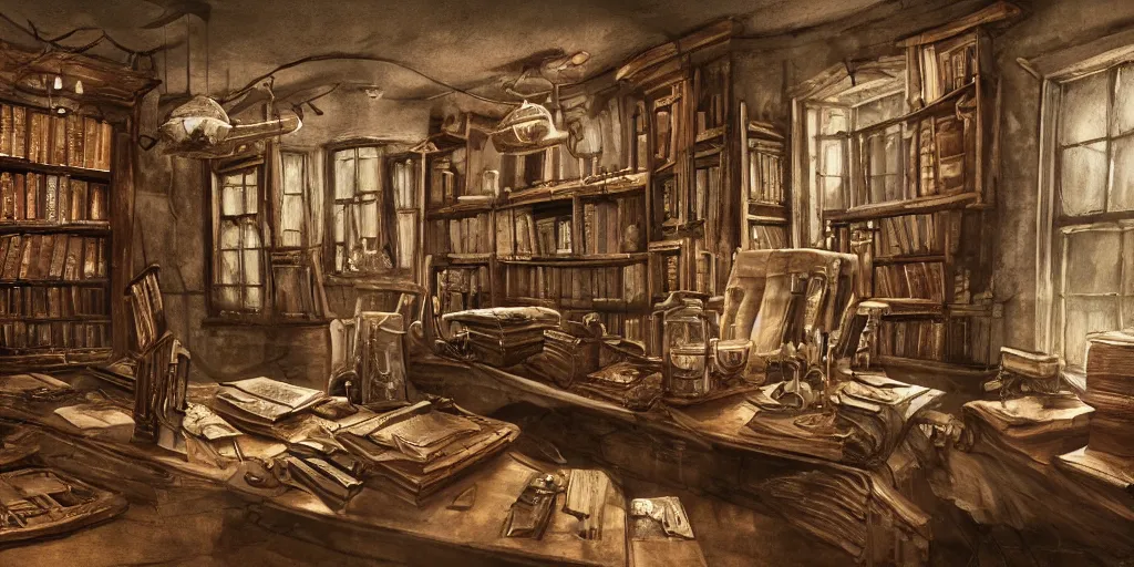 Prompt: in the old weathered halls of miskatonic university, an ancient leather - bound tome sits on a mahogany shelf beside cloudy glass jars and artifacts recovered from remote tribes, detailed lovecraftian concept art 4 k hd trending on artstation