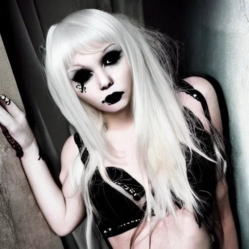 Prompt: modeling photograph kerli koiv, blonde, beautiful, dark, mysterious, bubble goth