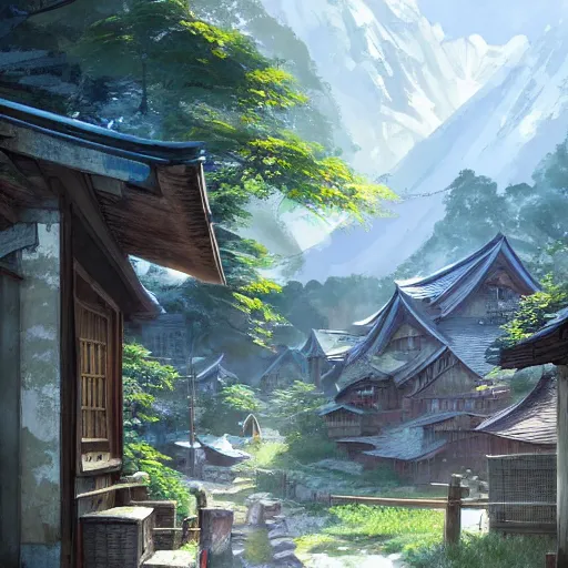 Image similar to concept art painting of a cozy village in a mountainous forested valley, historic english and japanese architecture, realistic, detailed, cel shaded, in the style of makoto shinkai and greg rutkowski and james gurney