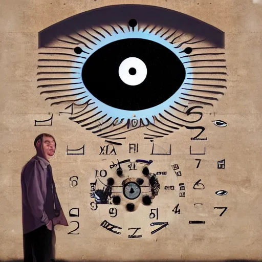 Prompt: man with alien clock eyes album cover