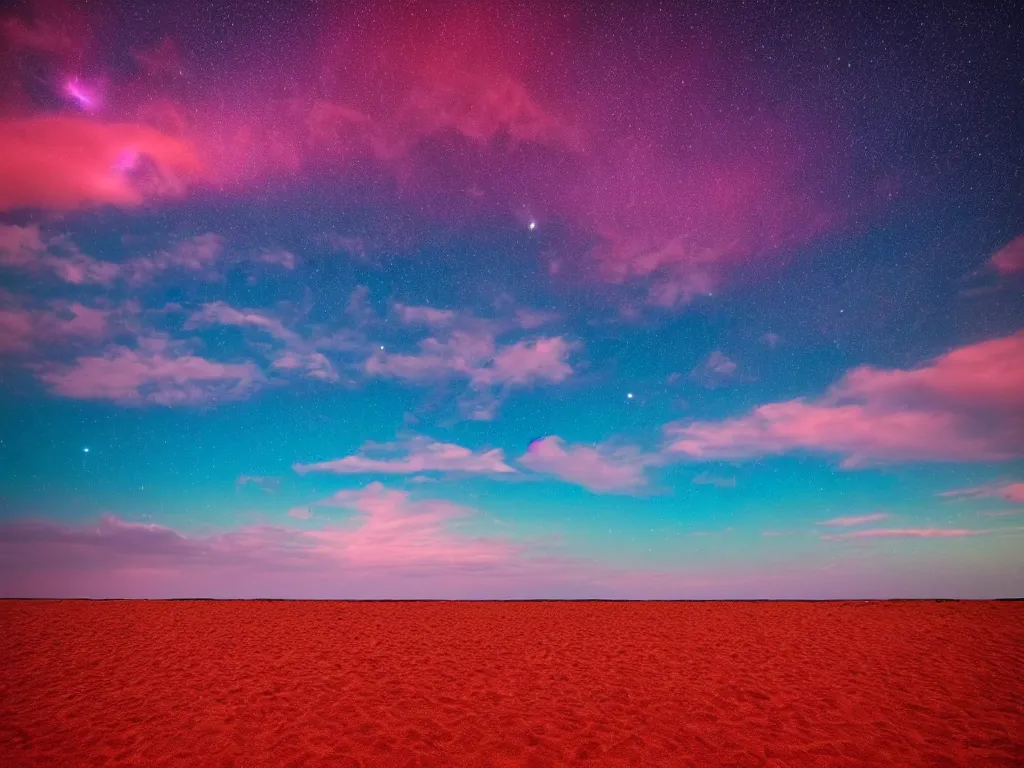Prompt: purple tornado, red sand beach, green ocean, nebula sunset