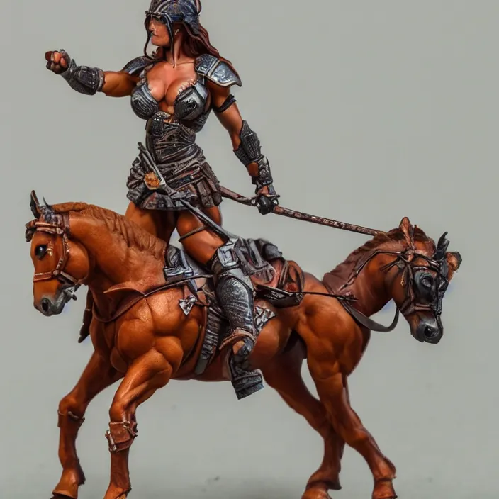 Prompt: 80mm resin detailed miniature of a Muscular Woman warrior with a Horse, Product Introduction Photos, 4K, Full body, simple background