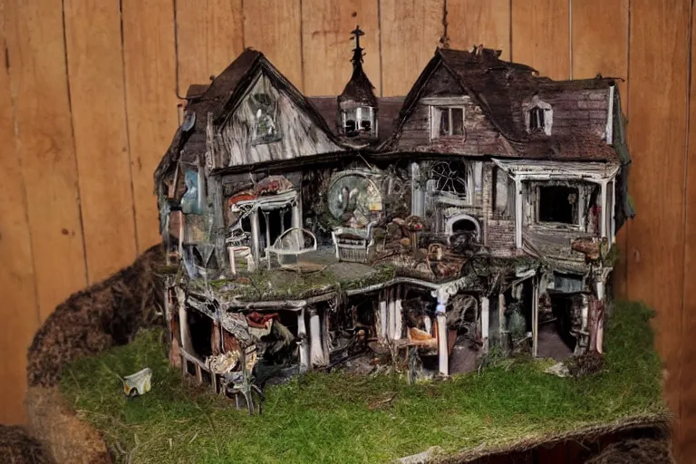 Prompt: photograph of a calico critter miniature toy haunted house