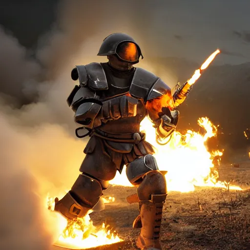 Image similar to angry man in juggernaut armor burning a desktop tower pc with a military flamethrower