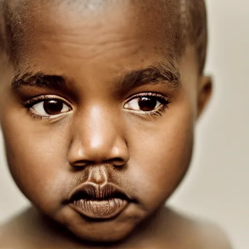 Image similar to the face of kanye west at 5 years old, portrait by julia cameron, chiaroscuro lighting, shallow depth of field, 8 0 mm, f 1. 8