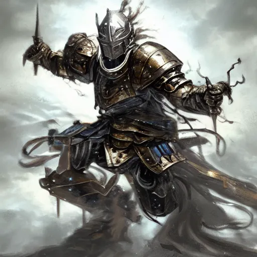 Prompt: a wizard defeating a mechanical suit of armor, fantasy, concept art, dramatic, action shot, hyper realistic