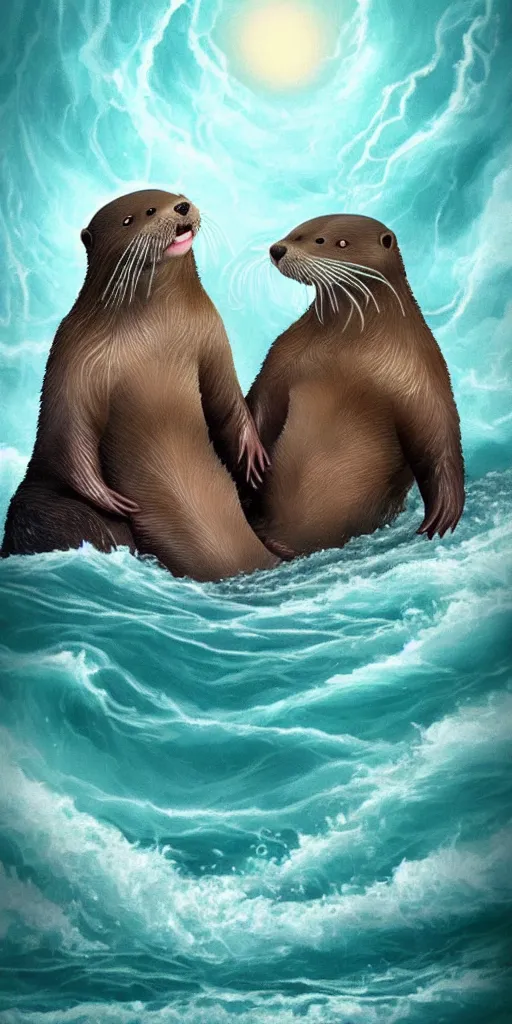 Image similar to An adorable Otter saving his wife from the whirlpool, in love holding hands side by side, in the middle of a super scary storm at sea, thunder, lightning, waves, fantasy illustration, cinematic, award winning, romantic, detailed trending on artstation, masterpiece