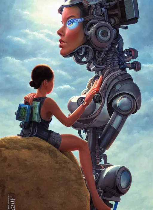 Prompt: An epic fantastic realism comic book style painting of a beautiful girl sitting on a rock looking at a robot drawing her portrait, robotics, short pigtails hair, asian girl, cyberpunk, Concept world Art, ultrarealistic, hyperrealistic, dynamic lighting by Paolo Eleuteri Serpieri
