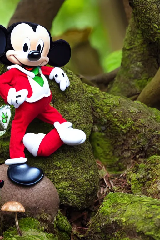 Image similar to in the center of the forest, a plush mickey mouse sits on a mushroom, super realistic, extremely high detail, cinematic 8k