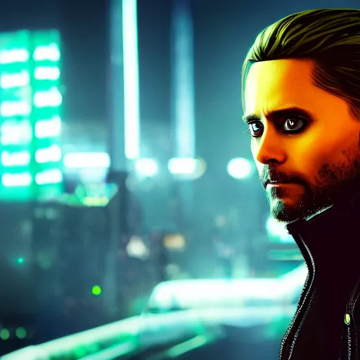 Image similar to jared leto portrait, cyberpunk 2 0 7 7, cyberpunk jackie welles, photorealistic, ultra detailed, neon, octane, bokeh, cinematic lighting, cyber, cyberpunk city, studio quality, feature, scars, cyberface, 8 k