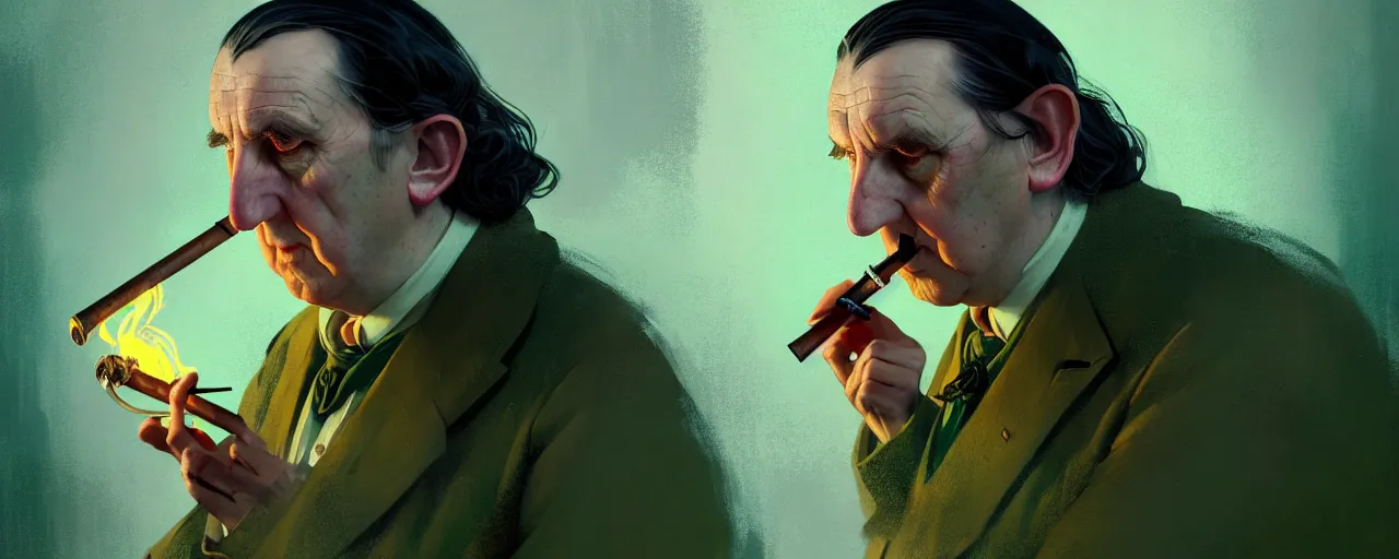 Prompt: duotone concept illustration 3 / 4 portrait of jrr tolkien in hobbit house smoking pipe rustical style. cinematic volumentric lighting. accidental renaissance. by sachin teng and sergey kolesov and ruan jia and heng z. graffiti art, scifi, fantasy, hyper detailed. octane render. concept art. trending on artstation