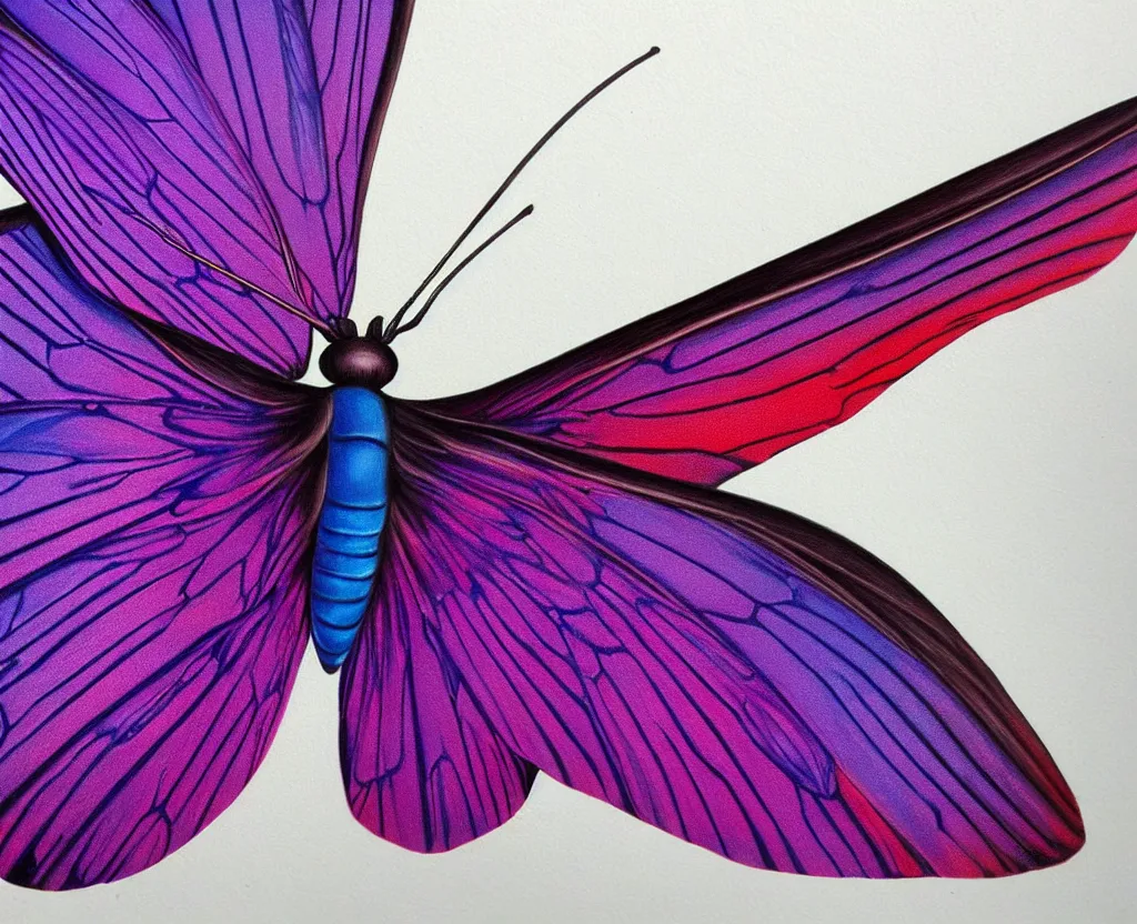 Prompt: beautiful matte airbrush of a fantasy bug insect wing on a white background, inspired by 8 0's airbrush illustrations, purple red and blue color palette, art by pater sato