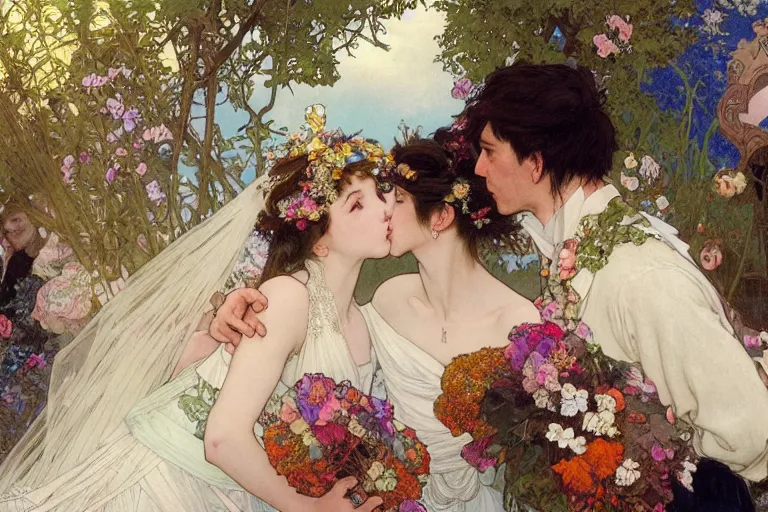 Image similar to the groom kisses the bride at a wedding full of flowers, bright and happy, dreamlike art, highly detail, 4 k realistic, wedding photoy krenz cushart. artem demura. alphonse mucha. yoji shinkawa artgerm. jon lothian. danilo torres. adi meyers. thomas reimann. gaston bussiere.