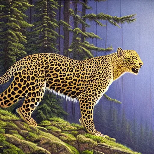Prompt: ((cryptid)) in banff national park, by Jason Edmiston, spotted-leopard muscular intrepid green horned beast, 4K HD, ultrarealistic, dappled lighting, obsidian hooves