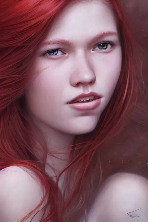 Image similar to ultra realistic style illustration of a beautiful cute red haired joyful 1 9 year old teen, full portrait, long hair, sci - fi, fantasy, intricate, elegant, digital painting, artstation, concept art, smooth, sharp focus, 8 k frostbite 3 engine, ultra detailed, art by artgerm and greg rutkowski and magali villeneuve