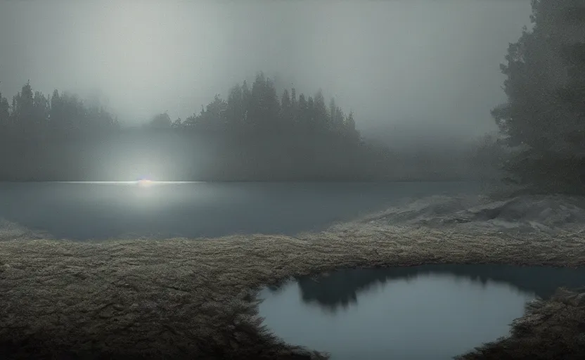 Prompt: a strange lake directed by charlie kaufman ( 2 0 0 1 ) anamorphic lenses, foggy volumetric at night, cinematic trending on artstation in the style of greg rutkowski