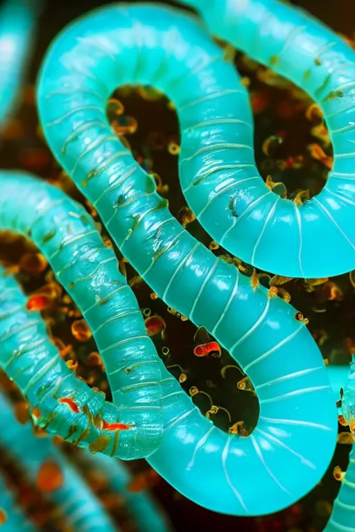 Image similar to high quality macro photo translucent gelatinous worms! gorgeous highly detailed hannah yata elson peter cinematic turquoise lighting high quality low angle hd 8k sharp shallow depth of field