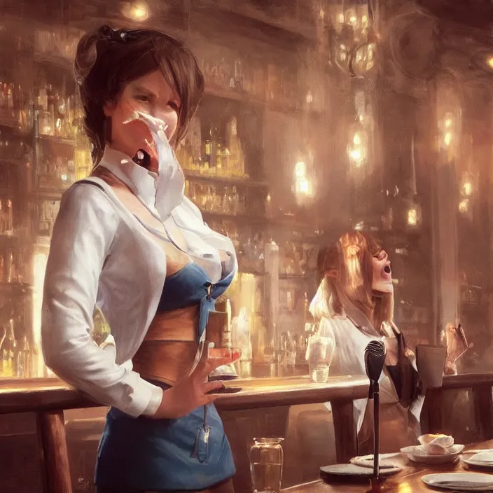 Image similar to a waitress singing on a table in a bar, elegant, real life skin, intricate artwork, high detailed, artstation, concept art, smooth, sharp focus, art by artgerm and greg rutkowski