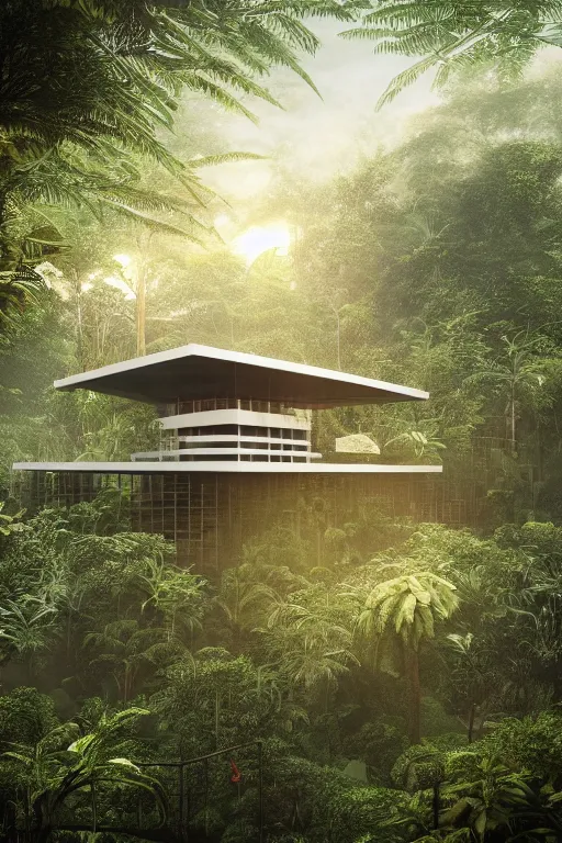 Image similar to architecture inspired by renzo piano deep in the rainforest. nature is taking over. matte painting. octane render. hdr. volumetric lighting. global illumination. atmospheric.