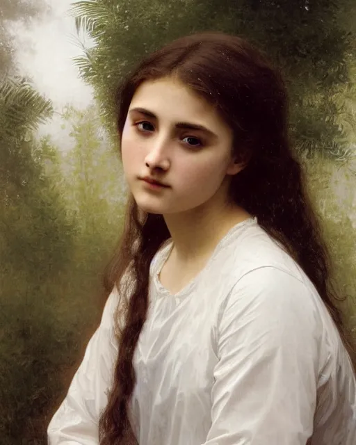 Image similar to a 16-year old girl who resembles Ana de Armas and Saoirse Ronan, wearing a transparent raincoat, detailed oil painting by William Adolphe Bouguereau