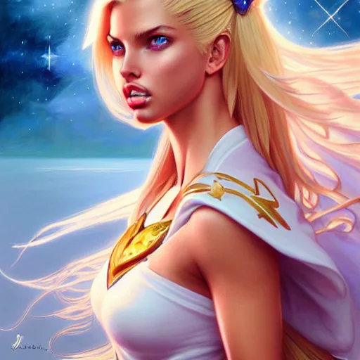 Image similar to Blonde Adriana Lima as Sailor Moon, western, D&D, fantasy, intricate, elegant, highly detailed, digital painting, artstation, concept art, matte, sharp focus, illustration, art by Artgerm and Greg Rutkowski and Alphonse Mucha