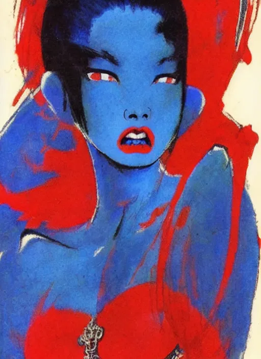 Image similar to portrait of muscular korean vampiress, jeweled veil, blue and red, strong line, saturated color, beautiful! coherent! by frank frazetta, high contrast, minimalism