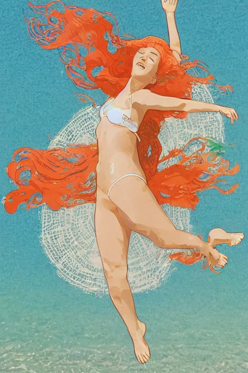 Image similar to A girl in a white lacy bikini and white sun hat and Holding a heart-shaped lifebuoy, jumping for joy,long orange hair floating on air ,Waves and splashes,beach,geometric shapes, hard edges ,Smooth visual lines,,graphic Design by mucha