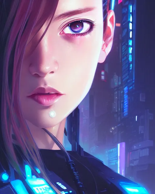 Image similar to a comic potrait of a cyberpunk cyborg girl with big and cute eyes, fine - face, realistic shaded perfect face, fine details. night setting. very anime style. realistic shaded lighting poster by ilya kuvshinov katsuhiro, magali villeneuve, artgerm, jeremy lipkin and michael garmash, rob rey and kentaro miura style, trending on art station