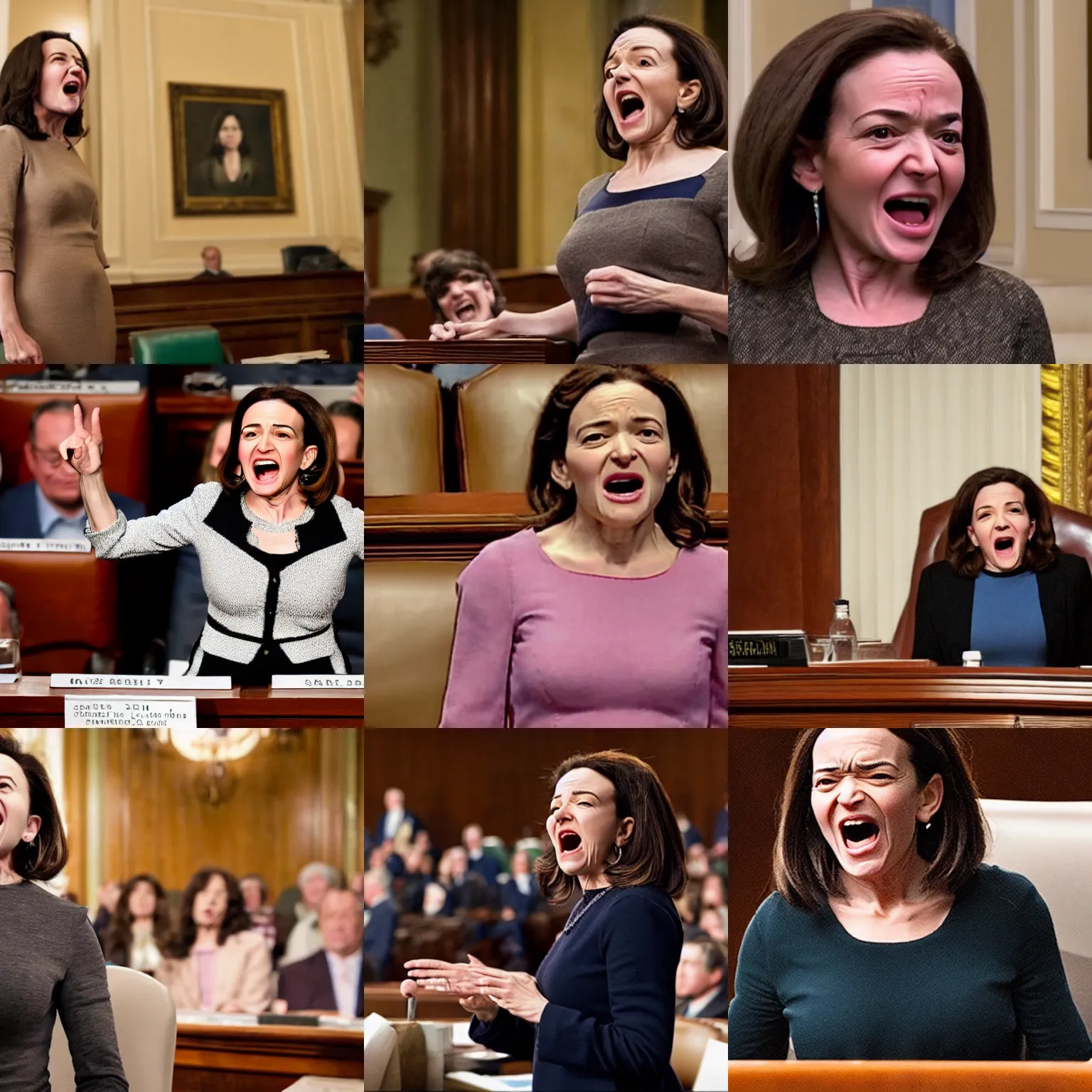 Prompt: Movie still of a tired, old, and ugly Sheryl Sandberg standing up and screaming at Congress in Facebook The Movie (2017), directed by Steven Spielberg